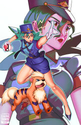 Rule 34 | artist name, badge, between breasts, blue headwear, blue shirt, blue skirt, breasts, calvin sims, creatures (company), game freak, gen 1 pokemon, gloves, green hair, growlithe, hair between eyes, highres, holding, holding poke ball, jenny (pokemon), medium breasts, nintendo, pencil skirt, pointing, poke ball, pokemon, pokemon (anime), pokemon (classic anime), pokemon (creature), red eyes, shirt, simple background, skirt, spiked hair, strap between breasts, whistle, white background, white gloves