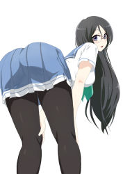 Rule 34 | 10s, 1girl, arm support, ass, bent over, black hair, black pantyhose, blue eyes, blue skirt, breasts, glasses, hibike! euphonium, highres, long hair, looking at viewer, looking back, miniskirt, moshi (tanakashi54), open mouth, pantyhose, pleated skirt, school uniform, shirt, short sleeves, simple background, skirt, solo, tanaka asuka, white background, white shirt