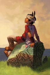 Rule 34 | 1boy, armlet, bandages, black hair, boulder, horns, ico, ico (character), male focus, sandals, short hair, signature, sitting, solo, tabard, tan, vince price