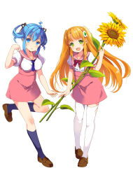 Rule 34 | 2girls, :d, :o, ahoge, amico, blonde hair, blue eyes, blue hair, blue necktie, blue socks, blush, bow, bowtie, breasts, dress, flat chest, flower, full body, green eyes, hair ornament, hair ribbon, hairclip, highres, holding, holding flower, kneehighs, leg up, lilco, loafers, long hair, looking at viewer, multiple girls, necktie, open mouth, original, pinafore dress, puffy sleeves, ribbon, school uniform, serafuku, shoes, sidelocks, simple background, sleeveless dress, smile, socks, standing, standing on one leg, sunflower, thighhighs, twintails, two side up, very long hair, white background, white legwear, yumekui, zettai ryouiki