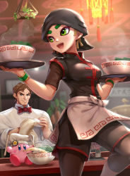 Rule 34 | 1boy, 1girl, 1other, alternate costume, apron, arms (game), bandana, bowl, captain falcon, chef hat, chopsticks, eating, f-zero, food, gonzarez, green eyes, hat, highres, kirby, kirby (series), min min (arms), nintendo, no mask, noodles, open mouth, ramen, smile, super smash bros., tray, wooden spoon, wristband