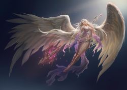 Rule 34 | 1girl, absurdres, angel, angel wings, breasts, highres, large breasts, league of angels, long hair, long legs, non-web source, polearm, rike lee, see-through, silver hair, solo, spear, very long hair, weapon, wings, yellow eyes