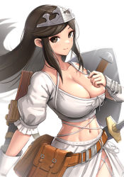 Rule 34 | aisha (ash), archaic sealed heat, armor, belt pouch, breast suppress, breasts, brown eyes, brown hair, cleavage, closed mouth, collarbone, cowboy shot, crop top, gonzarez, highres, large breasts, long hair, looking at viewer, midriff, navel, pouch, puffy short sleeves, puffy sleeves, shield, short sleeves, sidelocks, simple background, single bare shoulder, skirt, smile, swept bangs, sword, tiara, weapon, white background