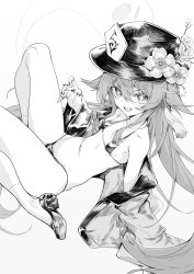 Rule 34 | 1girl, absurdres, bikini, blush, bracelet, breasts, flat chest, flower, genshin impact, greyscale, hair flower, hair ornament, hat, highres, hu tao (genshin impact), jewelry, long hair, looking at viewer, micro bikini, microphone, monochrome, open mouth, ring, shanyao jiang tororo, small breasts, smile, solo, swimsuit, thighs, undressing, very long hair