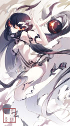 Rule 34 | 10s, 1girl, absurdres, abyssal ship, anchorage water oni, ass, bare shoulders, black hair, breasts, colored skin, criin (659503), dress, flaming eyes, from behind, gradient background, gradient hair, high heels, highres, horns, kantai collection, long hair, looking at viewer, multicolored hair, orange eyes, pale skin, sketch, small breasts, smile, solo, very long hair, white dress, white skin