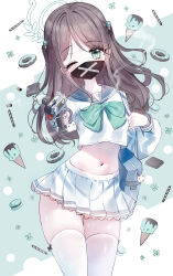Rule 34 | 1girl, absurdres, airi (blue archive), bag, black hair, blue archive, blush, chocolate, cowboy shot, doughnut, food, foreshortening, green eyes, green halo, green sailor collar, gun, halo, highres, holding, holding gun, holding weapon, ice cream, long hair, long sleeves, looking at viewer, mask, mint chocolate, mouth mask, one eye closed, pleated skirt, puffy long sleeves, puffy sleeves, sailor collar, school bag, skirt, solo, tandohark, thighhighs, weapon, white skirt, white thighhighs