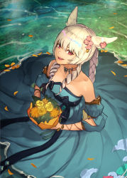 Rule 34 | 1girl, animal ears, warrior of light (ff14), blonde hair, blue dress, blue sleeves, bouquet, cat ears, collarbone, commentary request, commission, detached sleeves, dress, falling petals, final fantasy, final fantasy xiv, flower, hide (hideout), highres, holding, holding bouquet, jewelry, long hair, looking at viewer, miqo&#039;te, necklace, orange flower, parted lips, petals, pink eyes, skeb commission, smile, solo, strapless, strapless dress, water, yellow flower