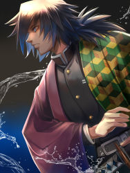 Rule 34 | 1boy, belt, black jacket, blue eyes, blue hair, buttons, chirao (tirao777), closed mouth, collar, collared jacket, dark background, haori, highres, jacket, japanese clothes, kimetsu no yaiba, long hair, long sleeves, looking to the side, low ponytail, male focus, sidelocks, solo, standing, sword, tomioka giyuu, uniform, water, weapon, wide sleeves