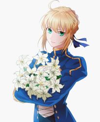Rule 34 | 1girl, ahoge, artoria pendragon (all), artoria pendragon (fate), blue coat, blue ribbon, bouquet, braid, braided bun, closed mouth, coat, crossed arms, fate (series), flower, green eyes, hair bun, highres, holding, holding bouquet, juliet sleeves, long sleeves, looking at viewer, puffy sleeves, ribbon, saber (fate), short hair, simple background, smile, solo, tobu (bilibil), white background, white lily