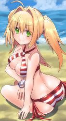 Rule 34 | 1girl, ahoge, beach, bikini, blonde hair, blue sky, breasts, cloud, criss-cross halter, day, fate/grand order, fate (series), green eyes, hair intakes, halterneck, highres, large breasts, m.m, navel, nero claudius (fate), nero claudius (fate) (all), nero claudius (swimsuit caster) (fate), ocean, outdoors, sand, side-tie bikini bottom, sky, striped bikini, striped clothes, swimsuit, twintails, water