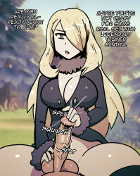 Rule 34 | 1boy, 1girl, black coat, blonde hair, bottomless, breasts, caressing testicles, cleavage, coat, creatures (company), cynthia (pokemon), disappointed, english text, erection, fur collar, fur trim, game freak, glansjob, grey eyes, hair over one eye, handjob, hasselnut, hetero, highres, large breasts, large penis, lips, long hair, long sleeves, looking at viewer, nintendo, open mouth, outdoors, penis, pokemon, pokemon dppt, pov, precum, shiny skin, sitting, solo focus, sound effects, testicles, thick thighs, thighs, tree, uncensored, veins, veiny penis