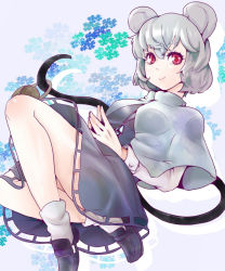 Rule 34 | 1girl, animal ears, bad id, bad pixiv id, basket, capelet, dress, female focus, gem, grey dress, grey hair, jewelry, looking at viewer, mouse ears, mouse tail, nazrin, necklace, pendant, short hair, smile, solo, somsom, tail, touhou, upskirt
