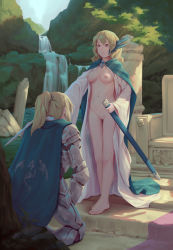 Rule 34 | 1boy, 1girl, anklet, armor, bare legs, barefoot, bigrbear, blonde hair, breasts, breasts apart, brooch, cape, casual nudity, cleft of venus, cloak, closed mouth, commentary, day, english commentary, expressionless, full body, functionally nude, highres, holding, holding sheath, holding sword, holding weapon, jewelry, kneeling, knight, long sleeves, looking at another, medium breasts, medium hair, naked cloak, nipples, on one knee, original, outdoors, ponytail, public indecency, purple eyes, pussy, ruins, sheath, stomach, sword, thigh gap, uncensored, water, waterfall, weapon, wide sleeves, zenra