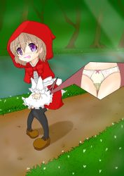 Rule 34 | 1girl, apron, black thighhighs, blush, bow, bow panties, bowtie, brown footwear, capelet, close-up, daifuku (daifuku kosiann), embarrassed, female focus, flat chest, full body, grass, have to pee, highres, hood, knees together feet apart, miniskirt, multiple views, navel, nose blush, open mouth, original, outdoors, own hands together, panties, peeing, peeing self, pigeon-toed, purple eyes, red capelet, red neckwear, little red riding hood (grimm), red skirt, shirt, shoes, skirt, standing, stream, sweat, tears, thighhighs, tree, underwear, v arms, water, white panties, white shirt