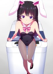 Rule 34 | 1girl, animal ears, bare shoulders, black footwear, black hair, bow, bowtie, commentary request, detached collar, fake animal ears, hair ornament, hairclip, leotard, long hair, looking at viewer, natsumi akira, nijisanji, pantyhose, photocopier, pink bow, pink bowtie, playboy bunny, purple eyes, rabbit ears, shoes, sitting, smile, solo, top-load washing machine, tsukino mito, virtual youtuber, washing machine, wrist cuffs