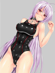 Rule 34 | 00s, 1girl, akashiya moka, bad id, bad pixiv id, blush, breasts, chain, collar, competition swimsuit, covered navel, gem, impossible clothes, impossible swimsuit, inner moka, latex, long hair, one-piece swimsuit, pearl (gemstone), purple hair, red eyes, rosario+vampire, sen (sansui), shiny clothes, silver hair, skindentation, sweat, swimsuit, thigh gap, vampire, wet