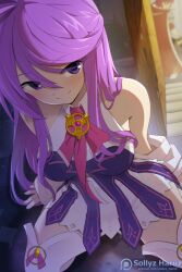 Rule 34 | 1boy, 1girl, aether sage (elsword), aisha landar, bare shoulders, blush, boots, breasts, detached sleeves, dress, elsword, elsword (character), kneeling, knight emperor (elsword), long hair, looking at viewer, looking up, medium breasts, neck ribbon, purple eyes, purple hair, ribbon, sleeveless, sleeveless dress, smile, sollyz, solo focus, thigh boots, thighs