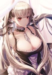 Rule 34 | 1girl, absurdres, azur lane, bare shoulders, between breasts, black dress, black ribbon, breasts, cleavage, clothing cutout, detached collar, dress, flight deck, formidable (azur lane), frilled dress, frills, gothic lolita, hair ribbon, highres, large breasts, lolita fashion, long hair, looking at viewer, neckwear between breasts, platinum blonde hair, red eyes, ribbon, shoulder cutout, solo, twintails, two-tone dress, two-tone ribbon, upper body, v arms, very long hair, yagi (yagi5art)