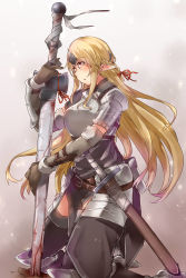 Rule 34 | 1girl, :o, armor, armored boots, ayyh, bad id, bad pixiv id, belt, blonde hair, blood, boots, braid, breastplate, circlet, dagger, elf, gloves, gorget, gradient background, hair ribbon, highres, kneeling, knife, long hair, pauldrons, pointy ears, red eyes, ribbon, sheath, sheathed, shoulder armor, solo, sword, thighhighs, two-handed sword, unsheathed, weapon
