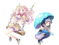 Rule 34 | 1girl, atelier (series), atelier meruru, blue eyes, blue footwear, blue thighhighs, blush, boots, bow, brown eyes, brown hair, cape, detached sleeves, dress, female focus, flat chest, flower, hair ornament, kishida mel, kneeling, long hair, long sleeves, looking at viewer, merurulince rede arls, non-web source, open mouth, pink hair, pleated skirt, puffy sleeves, short dress, simple background, sitting, skirt, swing, thigh boots, thighhighs, totooria helmold, umbrella, white background, yellow skirt