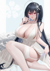 Rule 34 | 1girl, absurdres, ahoge, armlet, azur lane, bad id, bad pixiv id, bare shoulders, blue background, blush, bracelet, breasts, cleavage, dress, earrings, fang, flower, garter straps, hair flower, hair ornament, highres, jewelry, large breasts, long hair, necklace, no shoes, official alternate costume, one side up, open mouth, red eyes, ring, saliva, saliva trail, skin fang, sleeveless, sleeveless dress, solo, taihou (azur lane), taihou (temptation on the sea breeze) (azur lane), thighhighs, tongue, tongue out, tousang, very long hair, white dress, white thighhighs