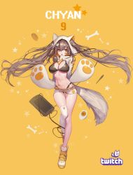 Rule 34 | 1girl, absurdres, bikini, bikini under clothes, black bikini, breasts, brown hair, chyan, chyan 9, cleavage, cropped jacket, full body, hair ornament, highres, hood, hoodie, korean commentary, large breasts, long hair, navel, open mouth, original, shoes, short shorts, shorts, simple background, single thighhigh, sneakers, solo, standing, standing on one leg, star (symbol), swimsuit, thighhighs, twintails, twitch.tv, very long hair, white thighhighs, yellow background, yellow eyes