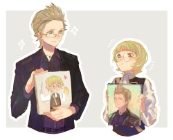 Rule 34 | 2boys, bad id, bad twitter id, brown hair, character portrait, crossover, final fantasy, final fantasy xv, fire emblem, fire emblem: three houses, formal, glasses, highres, ignatz victor, ignis scientia, jewelry, looking at another, multiple boys, necklace, nintendo, simple background, spiked hair, suit, suto (sakumaaritsu), trait connection, upper body