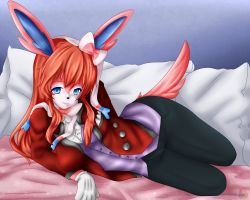 Rule 34 | 1girl, :3, absurdres, animal ears, arm support, artist name, bed sheet, black pants, blue eyes, bow, breasts, creatures (company), female focus, full body, furry, furry female, game freak, gen 6 pokemon, gloves, half-closed eyes, highres, indoors, jacket, long hair, long sleeves, looking at viewer, lying, medium breasts, nintendo, on bed, on side, pants, personification, pillow, pokemon, pokemon (creature), pokemon xy, purple shirt, red hair, red jacket, shirt, signature, slayer49, smile, solo, sylveon, tail, text focus, watermark, web address, white gloves