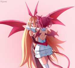 Rule 34 | 2girls, absurdres, arms around neck, arms around waist, artist name, backless dress, backless outfit, blonde hair, breasts, commentary, demon girl, demon tail, demon wings, detached sleeves, disgaea, disgaea rpg, dress, elbow gloves, english commentary, etna (disgaea), flonne, gloves, hair between eyes, hairband, highres, hiyumi x, hug, long hair, makai senki disgaea, multiple girls, open mouth, pink background, red eyes, red hair, shiny clothes, shiny skin, short twintails, sidelighting, small breasts, standing, tail, thighhighs, twintails, very long hair, white thighhighs, wings, yuri