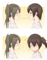 Rule 34 | 10s, 2girls, 2koma, blush, brown hair, closed eyes, comic, couple, eating, eye contact, face-to-face, female focus, food, food in mouth, green eyes, grey hair, hair between eyes, hair ribbon, highres, imminent kiss, japanese clothes, kaga (kancolle), kantai collection, long hair, looking at another, mouth hold, multiple girls, neck, noodle kiss, noodles, onst k, pasta, pasta kiss, rejection, ribbon, sad, serious, shared food, short hair, side ponytail, spaghetti, spaghetti kiss, surprised, twintails, upper body, white ribbon, yellow eyes, yuri, zuikaku (kancolle)
