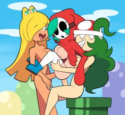 Rule 34 | 3girls, ?, absurdres, anal, blonde hair, blush, clothed female nude female, clothed sex, double penetration, futa with female, futanari, genderswap, genderswap (mtf), green eyes, green hair, grin, heart, heart-shaped pupils, highres, hood, koopa troopa, long hair, mario (series), mask, miscon, multiple girls, nintendo, nude, open mouth, penis, piranha plant, sex, short hair, shy gal, smile, super mario bros. 1, symbol-shaped pupils, thighhighs, vaginal, white legwear