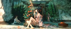 Rule 34 | 3girls, absurdres, bare legs, bare shoulders, barefoot, basket, bikini, black bikini, black hair, black one-piece swimsuit, brown hair, chinese lantern (plant), crossed legs, double bun, eating, fish, food request, forest, from side, gate, hair bun, highres, holding, japanese clothes, kimono, kukka, long hair, multiple girls, nail polish, nature, off shoulder, one-piece swimsuit, open mouth, original, print kimono, profile, red eyes, red nails, shallow water, shawl, sitting, smile, soaking feet, standing, swimsuit, swimsuit skirt, toenail polish, toenails, tree, twintails, water