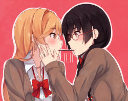 Rule 34 | 2girls, bad id, bad pixiv id, black hair, blonde hair, blush, earrings, eye contact, female focus, food, glasses, hands on another&#039;s face, hoop earrings, jewelry, looking at another, multiple girls, orange eyes, original, pink background, pocky, pocky day, pocky kiss, red-framed eyewear, school uniform, shared food, shuuichi, sweater, upper body, yuri