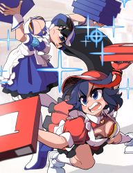 Rule 34 | 2girls, absurdres, adapted costume, apron, arched back, black hair, blue dress, blue eyes, bongfill, boots, breasts, cleavage, cleavage cutout, clothing cutout, detached collar, dress, eyelashes, fingerless gloves, frilled apron, frills, gloves, heart, highres, junketsu, kill la kill, kiryuuin satsuki, large breasts, life fiber, long hair, maid, maid apron, matoi ryuuko, multicolored hair, multiple girls, open mouth, pizza box, puffy short sleeves, puffy sleeves, red dress, red gloves, red hair, senketsu, shoes, short hair, short sleeves, siblings, single glove, sisters, sneakers, socks, sparkle, streaked hair, teeth, thick eyebrows, thigh boots, v-shaped eyebrows, visor cap, white apron, white footwear, white socks, wrist cuffs