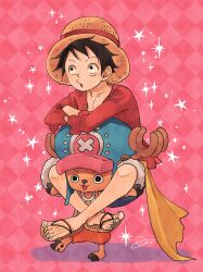 Rule 34 | 2boys, :d, aco peda, black eyes, black hair, blue headwear, carrying, facial scar, full body, hat, highres, male focus, monkey d. luffy, multiple boys, one piece, open mouth, orange shorts, oversized hat, piggyback, red background, reindeer, sandals, scar, scar on cheek, scar on face, short hair, shorts, sitting, sitting on person, smile, sparkle, straw hat, striped tank top, tank top, tony tony chopper, yellow tank top