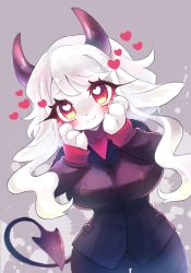 Rule 34 | 1girl, :3, animal ears, animal nose, black horns, black suit, blush, body fur, breasts, bright pupils, claws, commentary, cowboy shot, demon girl, demon horns, demon tail, formal, furrification, furry, furry female, goat, goat ears, goat girl, heart, heart-shaped pupils, helltaker, highres, horns, large breasts, long hair, long sleeves, looking at viewer, modeus (helltaker), red eyes, red sweater, ribbed sweater, sbi arki, solo, suit, sweater, symbol-shaped pupils, tail, turtleneck, white fur, white hair, white pupils