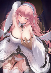 Rule 34 | 1boy, 1girl, azur lane, blush, grabbing another&#039;s breast, breasts, chain, chained, chained wrists, cleavage, detached sleeves, dress, fingering, frilled dress, frills, grabbing, grabbing from behind, highres, large breasts, long hair, niboshin (usagi drive), panties, perseus (azur lane), pink eyes, pink hair, pussy, pussy juice, see-through, spread pussy, thighhighs, twintails, underwear, very long hair, white dress, white panties, white thighhighs, wide sleeves