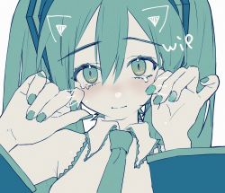 Rule 34 | 1girl, amg (amo10), aqua eyes, aqua hair, aqua nails, aqua necktie, aqua theme, bad id, bad twitter id, closed mouth, collared shirt, commentary, drawn ears, drawn whiskers, english text, flat color, hair between eyes, hatsune miku, highres, long hair, looking at viewer, nail polish, necktie, shirt, solo, symbol-only commentary, tears, twintails, unfinished, upper body, vocaloid, white shirt, wing collar