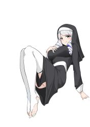 Rule 34 | 1girl, absurdres, aqua nails, aqua toenails, black dress, blue eyes, blue hair, blush, breasts, dress, feet, habit, hand on own chest, highres, hololive, hololive indonesia, large breasts, long hair, looking at viewer, multicolored hair, nail polish, nun, pavolia reine, pompmaker1, silver hair, smile, stirrup legwear, thighhighs, toeless legwear, toeless thighhighs, toenail polish, toenails, toes, virtual youtuber, white thighhighs