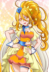 Rule 34 | 10s, 1girl, blue hat, capelet, colored eyelashes, cowboy shot, cure etoile, dress, earrings, garrison cap, hair ornament, hands on own hips, hanzou, hat, highres, hugtto! precure, jewelry, kagayaki homare, long hair, looking at viewer, magical girl, mismatched eyelashes, orange dress, orange eyes, orange hair, parted lips, precure, smile, solo, sparkle, star (symbol), star earrings, star hair ornament, wrist cuffs, yellow background