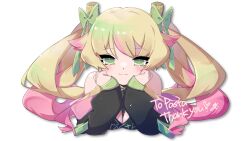 Rule 34 | 1girl, bare shoulders, between breasts, black jacket, black straps, black top, blonde hair, bow, bralette, breasts, cleavage, closed mouth, commentary request, crop top, double ponytail, food, green bow, green eyes, green jacket, green ribbon, hair ornament, head on hand, highres, horns, indie virtual youtuber, jacket, jewelry, light blush, long hair, long sleeves, looking at viewer, medium breasts, multicolored clothes, multicolored hair, multicolored jacket, noodles, off shoulder, pasta, pastaroniravioli, pink hair, pink jacket, ponytail, resting head on hand, ribbon, sleeveless, sleeves past wrists, smile, solo, strap, strap between breasts, tagme, thank you, two-tone hair, upper body, virtual youtuber, white background