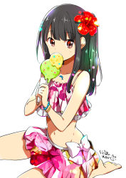 Rule 34 | 1girl, bare shoulders, bikini, black hair, blush, bow, brown eyes, chijou noko, chikanoko, collarbone, commentary request, flower, food, hair flower, hair ornament, highres, holding, ice cream, jewelry, long hair, looking at viewer, navel, necklace, pink skirt, ragho no erika, red flower, simple background, skirt, solo, swimsuit, translation request, white bow