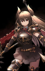Rule 34 | 10s, 1girl, armor, armored boots, belt, black background, black gloves, boots, breastplate, brown hair, cowboy shot, cowfee, draph, dress, dual wielding, elbow gloves, forte (shingeki no bahamut), frown, gloves, granblue fantasy, highres, holding, horns, lance, long hair, pauldrons, polearm, red eyes, scarf, serious, shingeki no bahamut, shoulder armor, solo, weapon