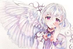 Rule 34 | 1girl, :|, bad hands, bow, bowtie, brooch, closed mouth, hair between eyes, hand on own face, hand up, highres, jewelry, kishin sagume, looking at viewer, navybluesparrow, open clothes, painting (medium), purple eyes, red bow, red bowtie, short hair, single wing, solo, touhou, traditional media, upper body, watercolor (medium), white background, white hair, white wings, wings