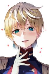 Rule 34 | 1girl, absurdres, blonde hair, blue eyes, blue jacket, blush, earrings, epaulettes, gloves, hand up, heart, highres, izumo tenka, jacket, jewelry, looking at viewer, mato seihei no slave, military, military uniform, open mouth, rumeha (aormsj22), short hair, simple background, single earring, smile, solo, uniform, upper body, white background, white gloves