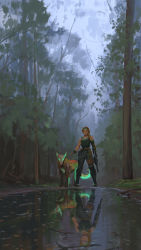 Rule 34 | 1girl, assault rifle, bare shoulders, black footwear, blouse, boots, closed mouth, cloud, cloudy sky, commentary, dirt, dog tags, english commentary, fingerless gloves, forest, full body, gloves, glowing, green eyes, green shirt, gun, headband, highres, holding, holding gun, holding weapon, legs apart, nature, orange hair, reflection, reflective water, rifle, scenery, shirt, sketch, sky, skye (valorant), snatti, solo, standing, thigh strap, tree, valorant, weapon, wolf, wristband