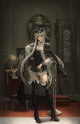 Rule 34 | 1girl, black dress, black footwear, black hat, black jacket, black neckwear, boots, breasts, buckle, buttons, choker, cleavage, clock, closed mouth, contrapposto, cross, double-breasted, dress, full body, girls&#039; frontline, gloves, hand on own hip, hat, high heel boots, high heels, highres, indoors, jacket, jacket on shoulders, jewelry, kar98k (girls&#039; frontline), legs apart, long hair, long sleeves, looking at viewer, medium breasts, open clothes, open jacket, painting (object), paper, peaked cap, pendant, red eyes, red hair, sidelocks, smile, solo, standing, suitcase, thigh boots, thighhighs, very long hair, xukong, zettai ryouiki