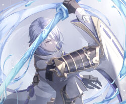 Rule 34 | 1boy, arm guards, arm up, armor, artist name, black gloves, blue hair, commentary request, fuyuni0307, genshin impact, gloves, gold trim, grey background, hair between eyes, hair over shoulder, highres, holding, holding sword, holding weapon, jacket, japanese armor, japanese clothes, kamisato ayato, long sleeves, looking to the side, male focus, medium hair, parted bangs, parted lips, purple eyes, rope, shoulder armor, sidelocks, signature, simple background, sode, solo, swept bangs, sword, tassel, upper body, water, water drop, weapon, white jacket, wide sleeves