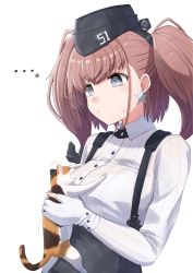 Rule 34 | ..., 1girl, absurdres, anchor hair ornament, animal, atlanta (kancolle), black hat, black skirt, breasts, brown hair, cat, closed mouth, earrings, garrison cap, gloves, hair ornament, hat, headgear, highres, holding, holding animal, holding cat, houraijin, jewelry, kantai collection, large breasts, long hair, long sleeves, partially fingerless gloves, simple background, single earring, skirt, solo, star (symbol), star earrings, suspender skirt, suspenders, sweat, two side up, upper body, white background