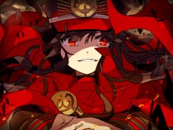Rule 34 | 1girl, bad id, bad pixiv id, brown hair, cape, commentary request, fate/grand order, fate (series), floating hair, hat, hiiragi fuyuki, long hair, long sleeves, looking at viewer, oda nobunaga (fate), oda nobunaga (koha-ace), parted lips, peaked cap, red cape, red eyes, red hat, smile, solo, upper body
